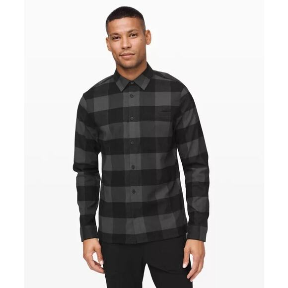 Lululemon Men's Black Gray Plaid Print Masons Peak Flannel Button Up Shirt  XL - Picture 1 of 7